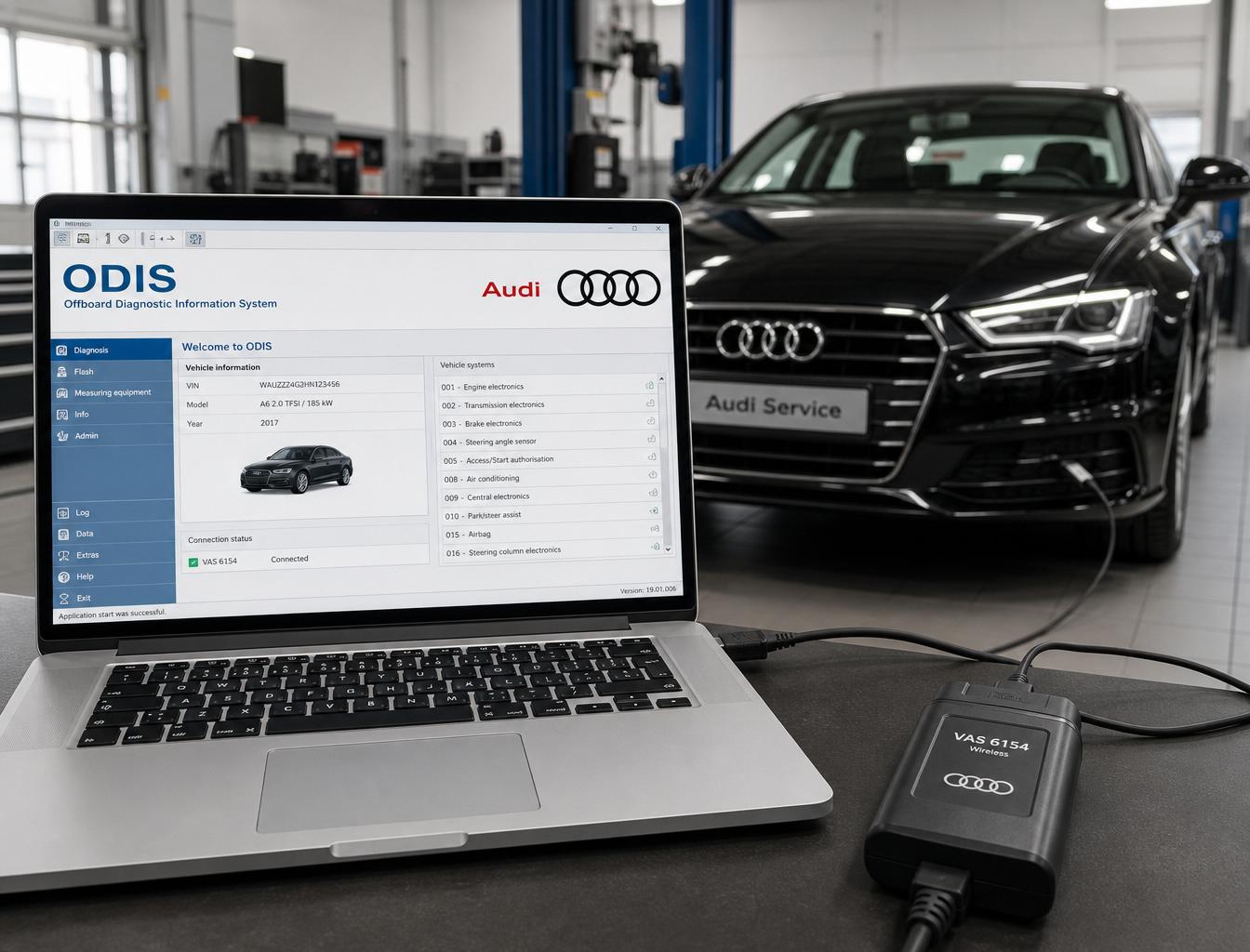 OBD-II diagnostic scanner connected to a European vehicle
